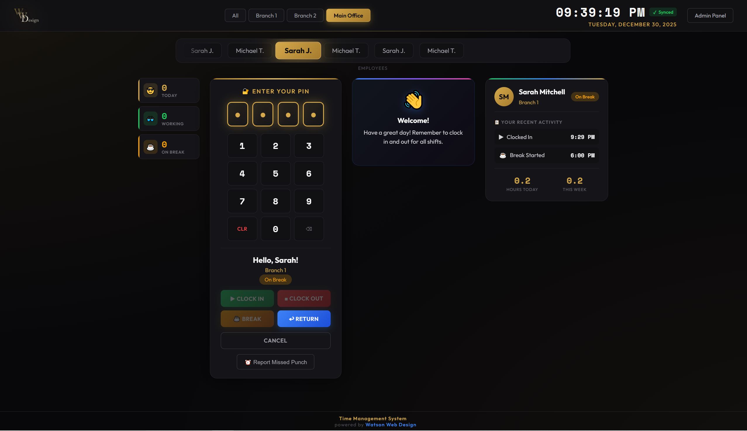 Employee clock-in with activity card